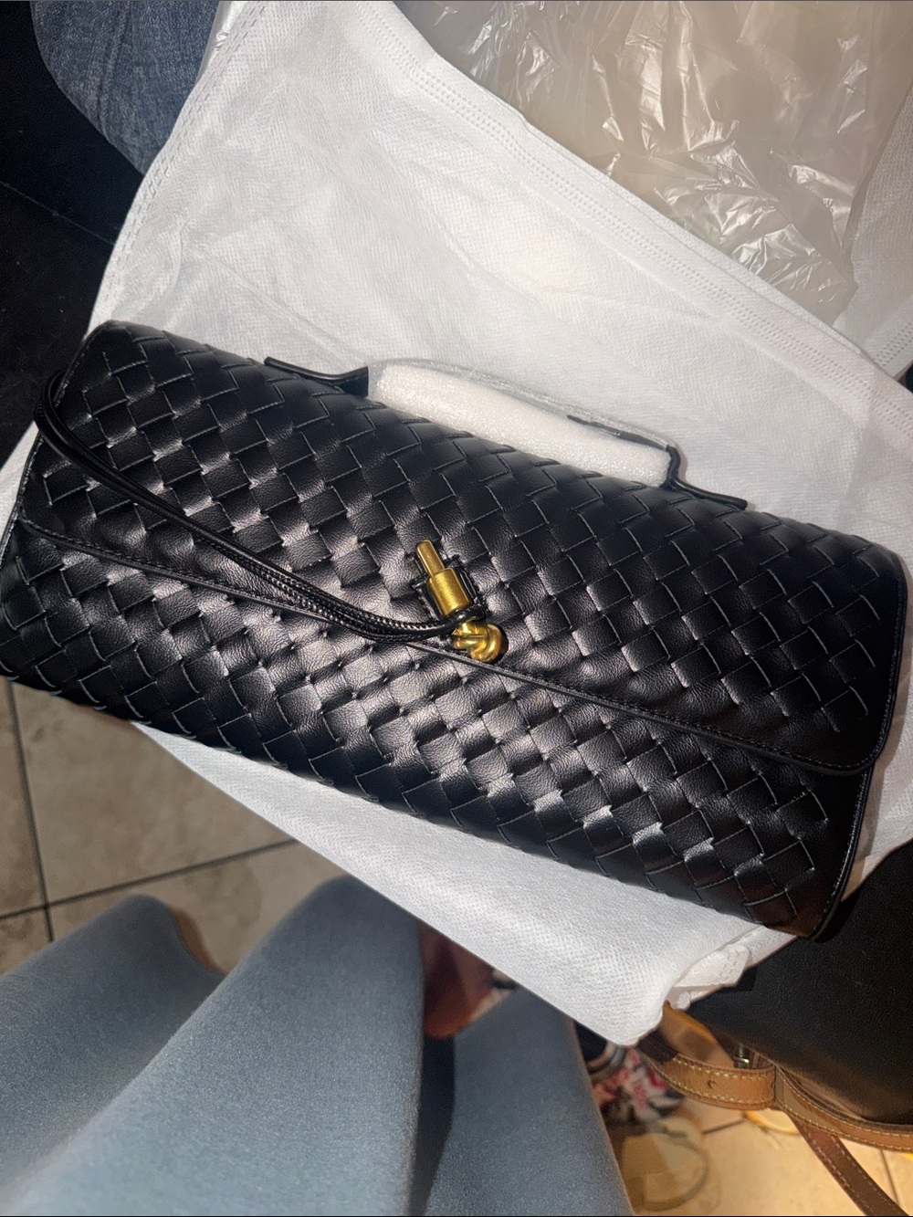 Woven Leather Black Clutch/crossbody  with Gold Hardware